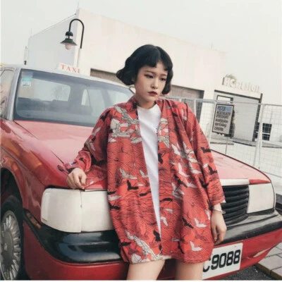 Women Crane Japanese Kimono Coat Jacket Harajuku Loose Yukata Outwear Retro - Image 1 of 4