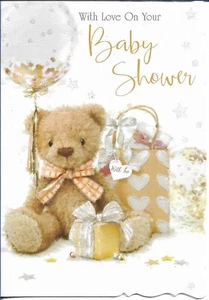 BABY SHOWER GREETING CARD 7"X5" CUTE BEAR WITH BALLOON - Picture 1 of 2