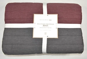 Pottery Barn Teen Bold Rugby Stripe Reversible Twin Quilt Maroon Gray NEW - Picture 1 of 6