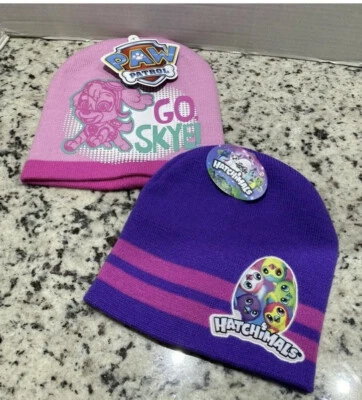 2 Girls Pink Paw Patrol "Go Skye!" & Purple Hatchimals Knit Beanie Winter Hat - Image 1 of 4
