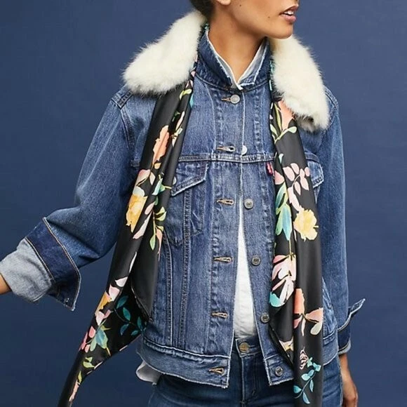 NUEVO CON ETIQUETAS Anthropologie Floral Oscuro 2 en 1 Ascot Bufanda Cuello Piel Foto 1 de 4
