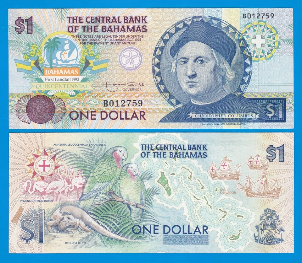 BAHAMAS 1 Dollar 1992 P 50 UNC Commemorative COLUMBUS 1492-1992 500 Anniversary - Image 1 of 1
