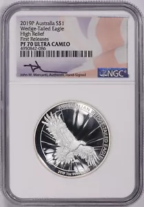 2019 P Australia Silver $1 Wedge-Tailed Eagle High Relief NGC PF 70 Mercanti FR - Picture 1 of 2