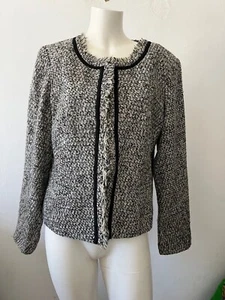 Vintage Van Heusen Studio Gray Black Tweed Fringe neckline Blazer Jacket Size L - Picture 1 of 9