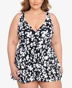 MSRP $119 Swim Solutions Printed Tummy-Control Flyaway Swimdress Black Size 24W - Picture 1 of 1