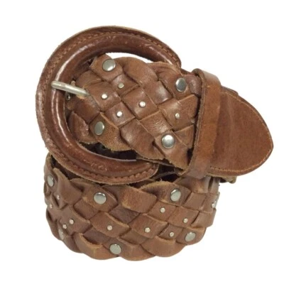 Old Navy Womens Belt Size Medium Brown Leather Braided Woven Studded Boho Hippie - Image 1 of 3