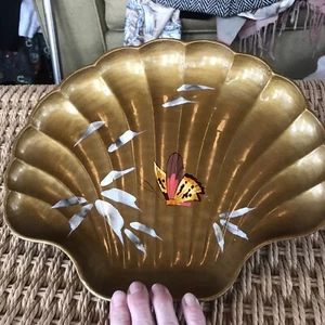 Vintage Japanische Lack Muschel Tablett Schale Gold Schmetterling Federn - Bild 1 von 6