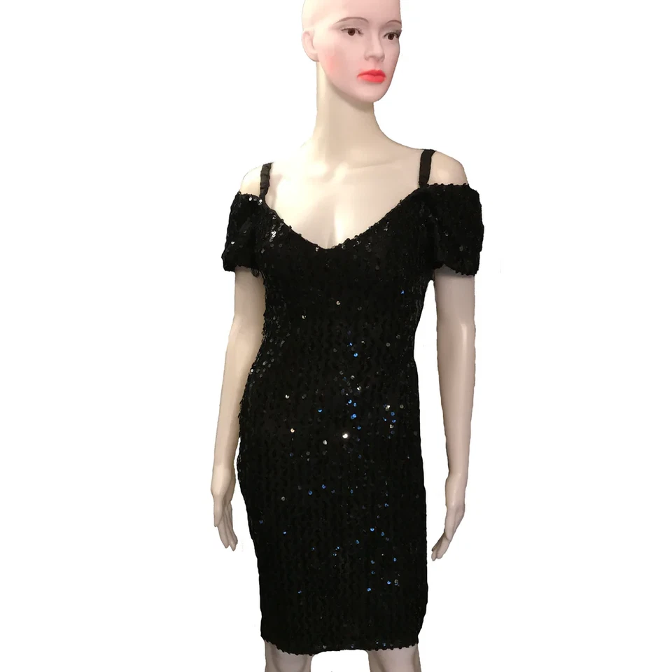 Vintage 80s Glenrob Black Sequined Off the Shoulder Convertible Cocktail Dress S - Image 1 of 4