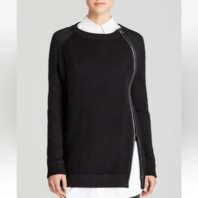 Suéter Vince XS para mujer negro lana cuero ribete cremallera texturizado gofre tejido cremallera Foto 1 de 4