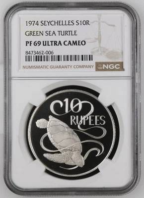1974 Seychelles 10 Rupees Green Sea Turtle Silver Coin NGC PF 69 ULTRA CAMEO - Image 1 of 4