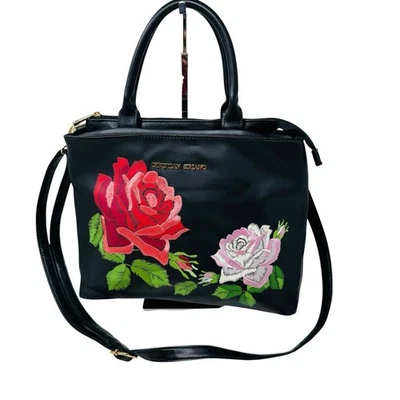 CHRISTIAN SIRIANO BLACK BAG BEAUTIFUL ROSE DESIGN DOUBLE TOP HANDLES & STRAP - Image 1 of 4