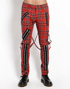 Gothic rot karierte Hose - Slim Fit, dekorative Träger, Reißverschlüsse, Unisex Style - Bild 1 von 4