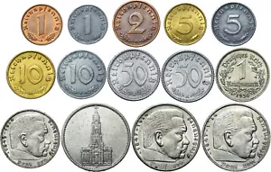 Nazistowska Niemiecka III Rzesza II wojna światowa partia 14 monet Reichspfennig i marka 1936-1945 srebro - Zdjęcie 1 z 2