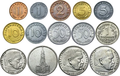 Nazi German Third Reich WW2 LOT 14 Coins Reichspfennig and Mark 1936-1945 Silver - Image 1 of 2