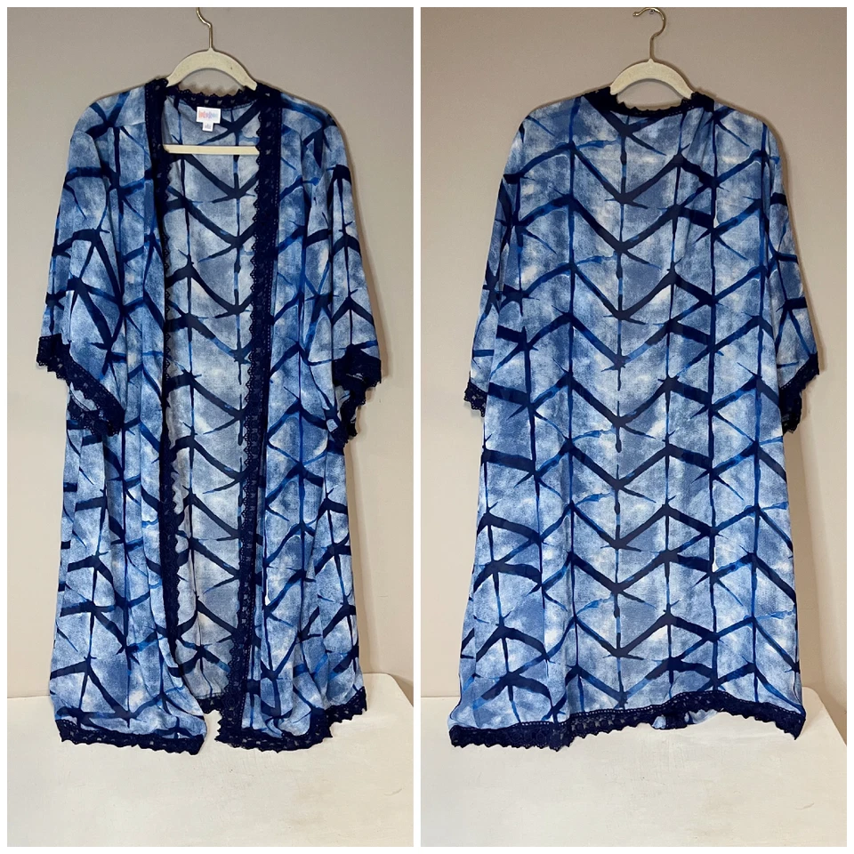 LulaRoe Azul Blanco Océano Agua Plumero Largo Cubrir Crochet Encaje Ribete Mujer L Foto 1 de 4