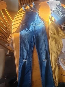 Forever 21 Kids Girl 11/12 Blue Jean Denim Overalls Coveralls Jumper Ripped - Picture 1 of 5