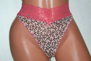 Sheer White Thong Peach &Black Flowers, Sheer Peach Floral Lace Band, Bow Size L - Picture 1 of 2