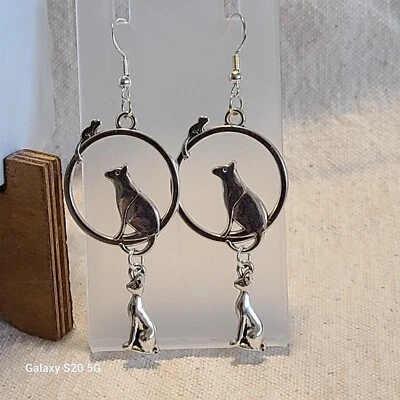 Ручной работы Серебряный кот подвеской капли серьги женщины новый 3» домашних животных на открытом воздухе повседневный - Изображение 1 из 4