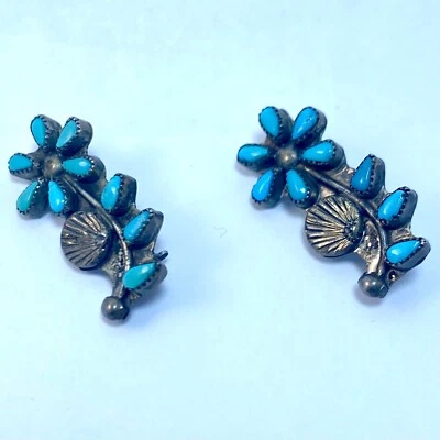 Exquisite Silver & Turquoise Earrings Scallop Shell & Flower Petal Design “R” mk - Image 1 of 4