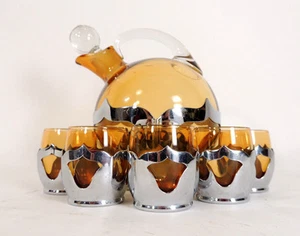 Vintage Cambridge Set of 5 Glass Metal Ball Pitcher Decanter & goblets - Picture 1 of 9