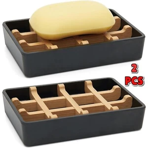 Wooden Bamboo Soap Tray for Shower, Black Bar Holder with Pads, Easy to Clean - Picture 1 of 7