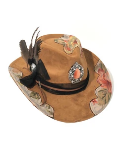 Tazzle’s 1of1 Womens Custom Western Cowboy Hat-Brown Suede, Floral Silk, Feather - Picture 1 of 21