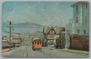 Cable Car On San Francisco Hill, Alcatraz In Background, San Francisco, Californ - Picture 1 of 2