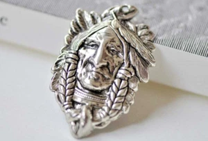 Large CHIEF HEAD FEATHER NATIVE INDIAN pendant 24" Silver 925 necklace men women - Picture 1 of 6