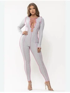 Women's Sexy Bodycon Jumpsuit Long Sleeve Zipper Romper Sport Outfits Clubwear - Picture 1 of 2