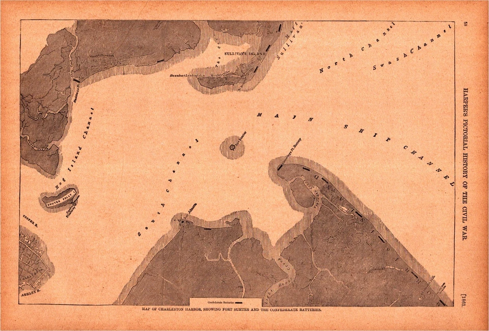 Charleston antiguo. Mapa del puerto S.C. - Fort Sumter - Baterías Guerra Civil 1894 impresión Foto 1 de 1