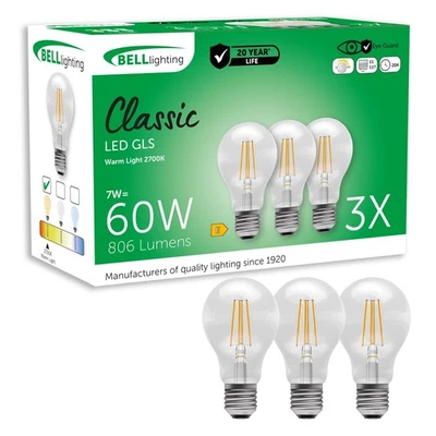 BELL Lighting 3pk E27 GLS Filament LED Bulbs Dimmable 810lm 2700K