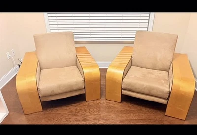 Par de espreguiçadeiras Artedi MCM estilo art déco francês personalizado bege/madeira RARO UAU! - Imagem 1 de 4