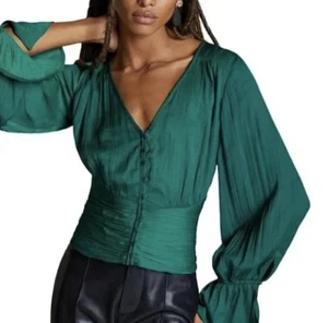 Anthropologie Long Sleeve Plunge Blouse Green Romantic Whimsigoth Peasant XS - Picture 1 of 10