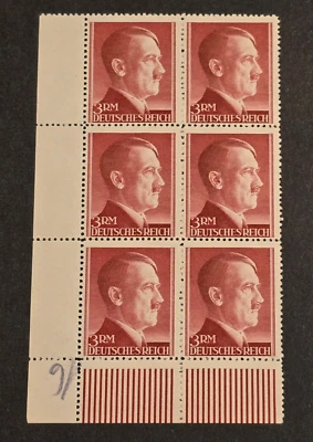 ADOLF HITLER HEAD 3 REICHSMARK 3RM STAMP BLOCK Nazi German NSDAP Third Reich - Image 1 of 2