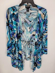 Maggie Barnes Top Womens Plus 3X Blue Abstract Floral Long Sleeve Open Front Art - Picture 1 of 7