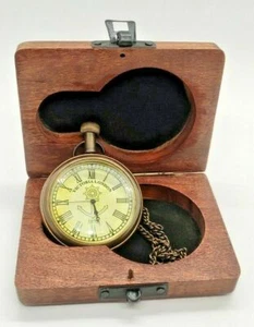 Antique Brass Pocket Watch with Wooden Case Nautical Pocket Watch Collectible - Picture 1 of 4