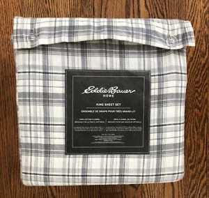 NEW! EDDIE BAUER Home KING FLANNEL Sheet Set Beacon Hill Gray Plaid 100% COTTON - Picture 1 of 4