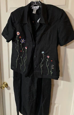 Chaqueta de vestir vintage negra bordada floral 2 piezas Sheri Martin lino 16 Mystic Foto 1 de 4
