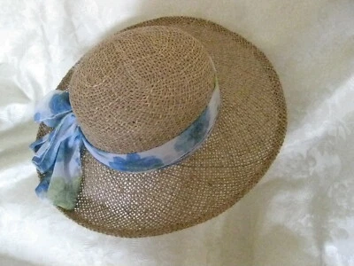 Vintage 1980s Wide Brim Straw Sun Hat w/ Floral Scarf Band Classic Country - Image 1 of 4