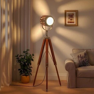 Wooden Floor Lamp with Brown Tripod Spotlight Searchlight Home/Office Décor Mode - Picture 1 of 7
