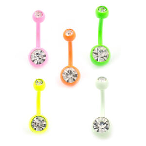 Belly Button Ring Package of 5 with Colorful enamel coated and Press fit CZ 14G