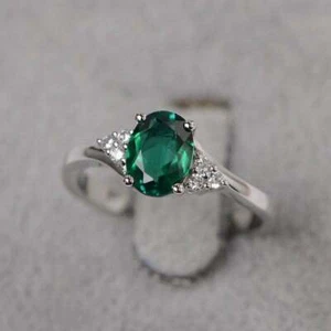 925 Sterling silver Oval Green emerald Handmade May Birthstone Ring Size 5.5 - Picture 1 of 4