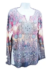 KIARA BEIGE MULTI GEOMETRIC CASUAL LONG SLEEVE POLYESTER RAYON TOP PLUS XXL NEW - Picture 1 of 4
