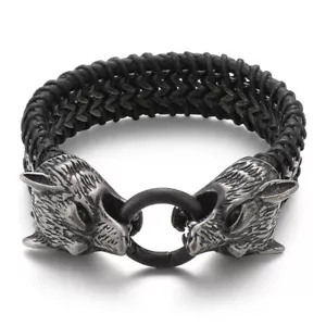 9" Retro Black Braided Leather Men's Stainless Steel Wolf Cuban Chain Bracelet - Picture 1 of 4