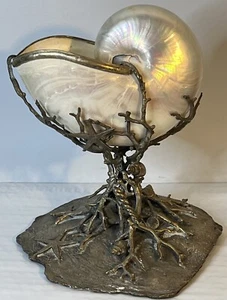 Nautilus Shell In Artisan Crafted Silver Bronze Ocean Sea Floor Themed Pedestal - Picture 1 of 17