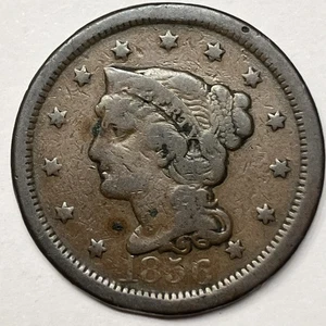 1856 1c geflochtenes Haar großer Cent. Typ Münze. Schöne Münze - Bild 1 von 2