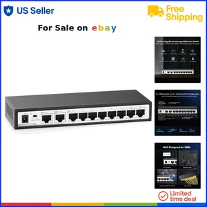 10 Port Gigabit Ethernet Switch Metal Fanless Unmanaged Plug and Play Network - Picture 1 of 9