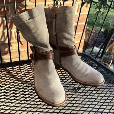 Bota Sofft Bostyn Mid Pantorrilla Gamuza Cuero Hebilla Cremallera Gris Taupe Marrón 8M Western Foto 1 de 4