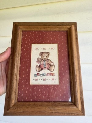 VTG Matted Framed Picture Teddy Bear Welcome Cottagecore Baby Room Figi Graphic - Image 1 of 4