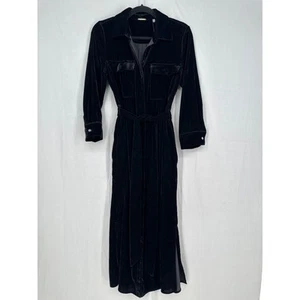 Elie Tahari Dress Womens 2 Black Velvet Button Midi Belted Button Pockets - Picture 1 of 9